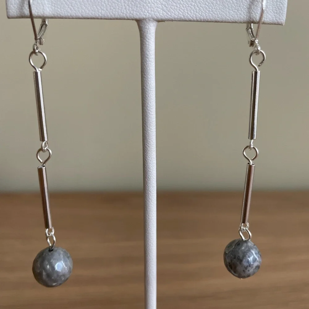 HAND CRAFTED Earrings Gray Polished Agate Silver Tubes Long Dangling